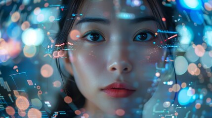 An East Asian womans face combined with streaming data for AI business integration, opposite holographic advertising analytics in a bokehstyle photo,