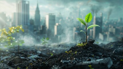 Young plant growing in polluted city, Environmental concept. world environment day