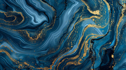 Fototapeta premium Abstract background with fluid swirling patterns in shades of blue and gold, creating a marbled effect, Modern, abstract colorful background, wallpaper. Marble texture Translucent colors