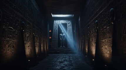 Egyptian tomb passage. Pharaoh grave decorated with hieroglyphs. Dark corridor inside a pyramid....