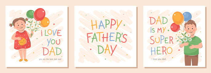 Happy Father's Day cards set. Children with flowers and balloons congratulate father. Vector cute illustration for postcards, posters, banner.
