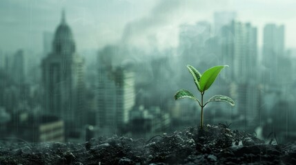 Young plant growing in polluted city, Environmental concept. world environment day