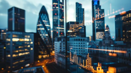 City Skyline with Modern Skyscrapers and Stock Market Chart Overlay Representing Global Finance, Investment Strategy, and Economic Growth