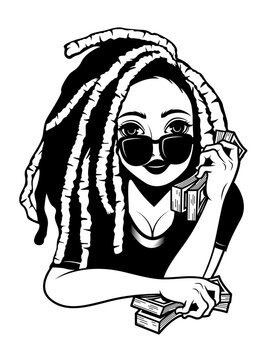 Afro Dreadlocks with Bundle of Money | Rich Afro Lady | Dreadlocks | Money Bundle | Bank Note | Currency | Paper Money | Original Illustration | Vector and Clipart | Cutfifle and Stencil