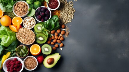 Selection of clean, healthy foods: fruits, vegetables, grains, seeds, superfoods, and leafy vegetables against a gray concrete background