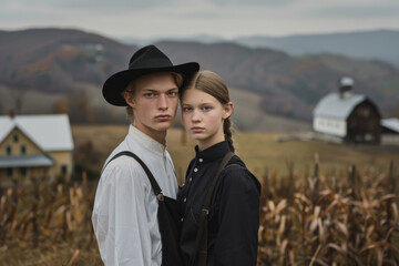 A portrait of the Amish on a mountain peak, with their house and mountain range in the background.