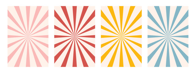 Old groovy backgrounds set. Hippie backdrops with curved rays or stripes in the center. Y2k aesthetic. Retro psychedelic vector illustration. Abstract patterns with colorful rays. SunBurst Effect.