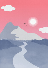 Krajobraz górski z drogą wśród pagórków podczas słonecznego dnia. Ilustracja w stylu retro vintage z różowym niebem.  © Anna