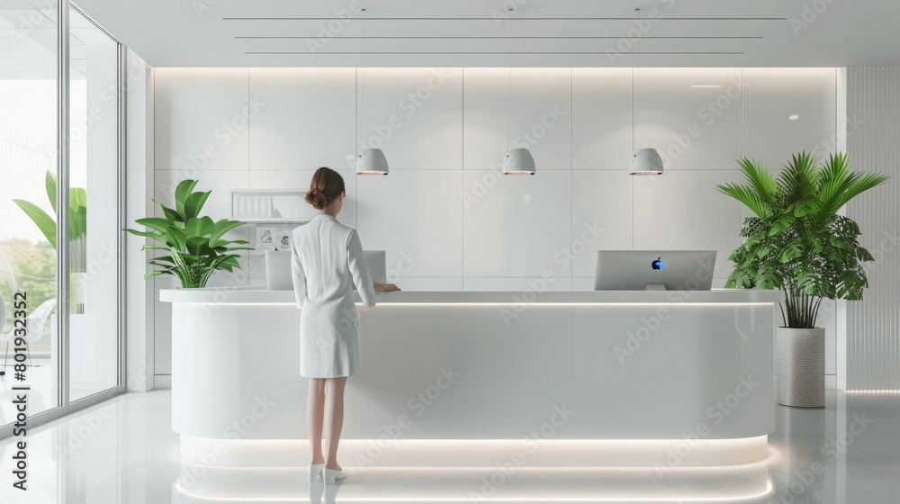 Fototapete office receptionist greeting visitors with a digital check-in system