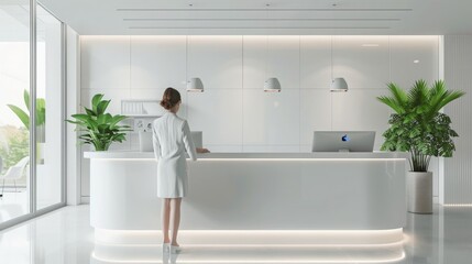 Office receptionist greeting visitors with a digital check-in system