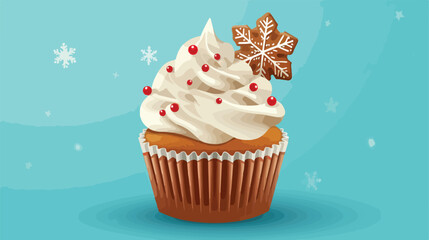 Tasty Christmas cupcake with gingerbread cookies on background