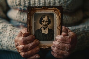 Elderly hands holding a family photograph, fading memories, Alzheimer's concept