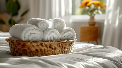 Fototapeta na wymiar Serenity in the Bedroom: Folded Towels and Laundry in Baskets Generative AI