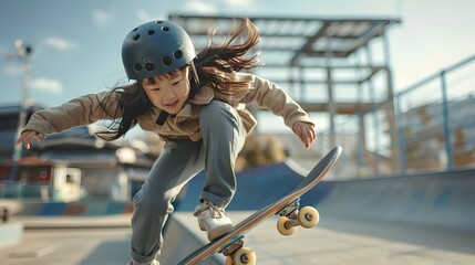 Exhilarating Skateboarding Trick at the Competition Ramp with Young Enthusiastic Female Athlete
