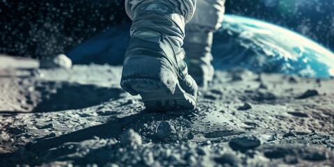 Astronaut's boot on the moon with Earth in the background