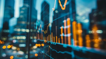 Modern City Skyline with Stock Market Graph Overlay Representing Global Finance, Economic Growth, Investment Trends, and Business Strategy