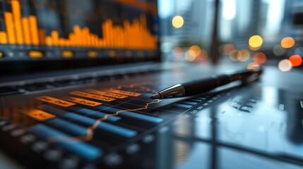 Pen on Financial Charts with Stock Market Graphs Displayed on Computer Screen Representing Business Data Analysis, Trading, and Investment