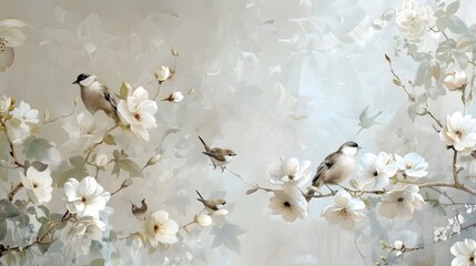 Delicate White and Beige Floral Painting with Perched Birds