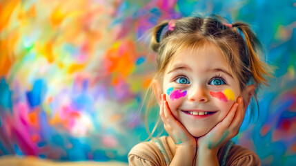 Fototapeta premium Little girl with her hands on her face with paint all over her face.