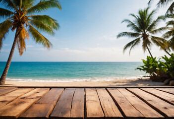Top of wood table with seascape and palm tree, blur bokeh light of calm sea and sky at tropical beach background