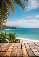 Top of wood table with seascape and palm tree, blur bokeh light of calm sea and sky at tropical beach background