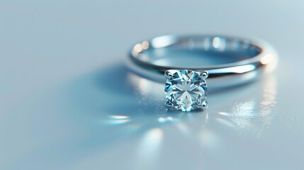 Elegant Minimalist Diamond Engagement Ring with Soft Lighting and Reflections on Pale Blue