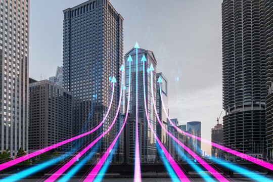 Chicago skyline with futuristic hologram overlays, set against an urban cityscape background. Double exposure