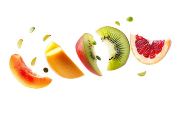 slices of fruit in the air, creating a fresh and healthy visual appeal.