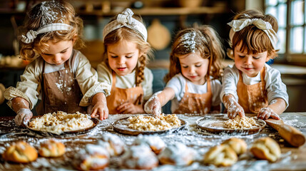 Group of little girls standing next to each other in front of doughnuts.