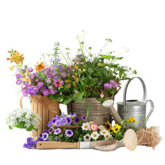 Naklejka premium A summer garden with blooming flowers, a watering can, and gardening tools arranged on a pure white backdrop.