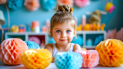 Fototapeta premium Little girl sitting at table with paper balls in front of her.