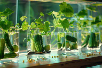Cucumbers cultivated in a modern greenhouse.

