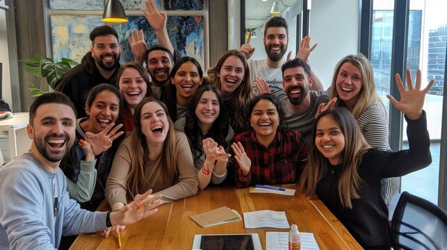 Office team celebrating company achievements with a team-building outing