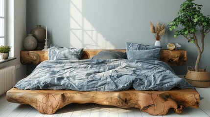 Cozy Scandinavian Loft Bedroom with Rustic Wooden Bed Generative AI