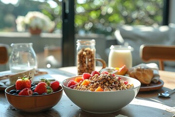 breakfast at home with cereals, milk and fresh fruit. Set of breakfast on the table