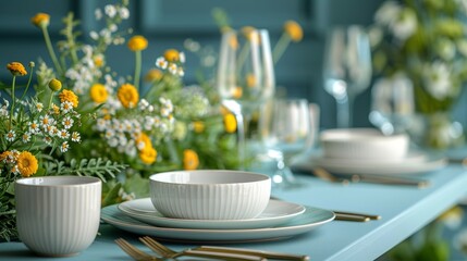 Elegant Table Setting with Flowers and Glassware Generative AI