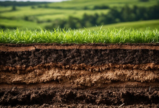 Underground soil layer of cross section earth, erosion ground with grass on top