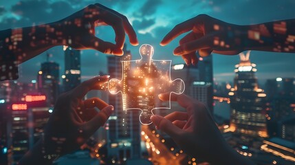 Fototapeta premium Collaborative Hands Solving Corporate Puzzle Challenge with Glowing Business Concept