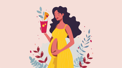 Beautiful pregnant woman with glass of smoothie on li