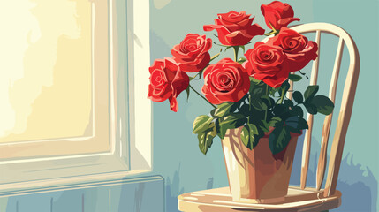 Beautiful red roses in pot on chair closeup Vector illustration