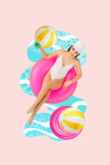 Vertical photo collage of happy smile girl lie lifebuoy pool party hold glass green drink water relax summer isolated on painted background - obrazy, fototapety, plakaty