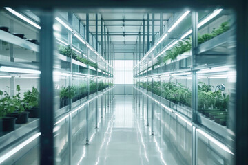 A modern vegetable greenhouse with a minimalist composition, bright lighting, and an empty scene.

