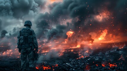 A soldier stands and looks at the burning ruins