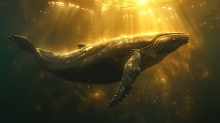 A huge whale swims in the ocean underwater