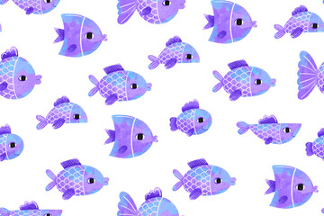 Seamless pattern with cartoon blue fish. Deep underwater. Children's hand drawn illustration on isolated background