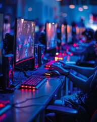 LAN party setup, rows of computers, intense focus, soft blue lighting, eye-level, competitive, tech-driven gaming environment