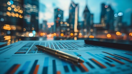 Pen on Financial Report with Bar Charts and City Skyline in Background Representing Business Analysis, Investment Strategy, and Global Economy