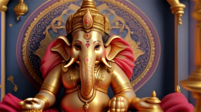 Golden lord ganesha sculpture on decorative background. celebrate lord ganesha festival.