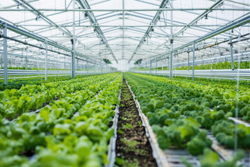 A modern vegetable greenhouse with a minimalist composition, bright lighting, and an empty scene.

