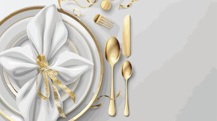 Beautiful table Fourting with golden cutlery on grey
